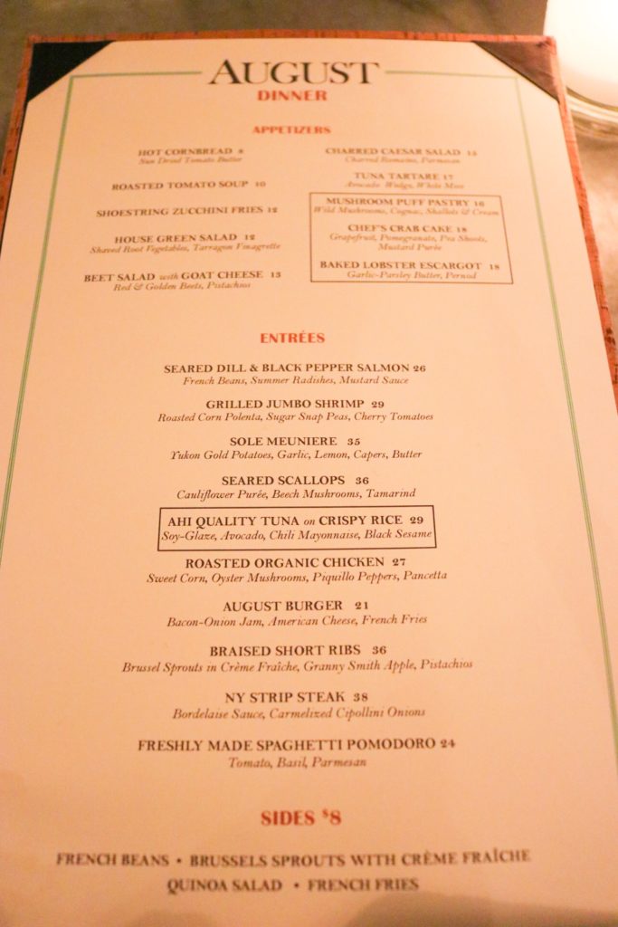 August Restaurant NYC menu