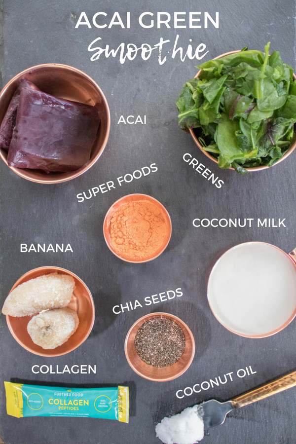 Acai Berry Green Smoothie, very healthy, easy, filling, and satisfying breakfast, perfect for on the go. Includes protein, fiber, fat, superfoods and greens according to the #fab4 method that will keep you full and help keep your blood sugar balanced. So healthy!