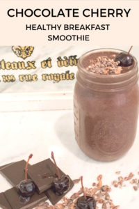 Chocolate Cherry Smoothie, very healthy, easy, filling, and satisfying breakfast, perfect for on the go. Includes protein, fiber, fat, superfoods like maca and cacao and greens according to the #fab4 method that will keep you full and help keep your blood sugar balanced. So healthy!