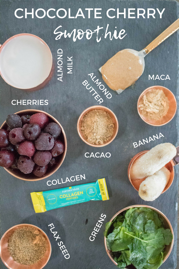 Chocolate Cherry Smoothie, very healthy, easy, filling, and satisfying breakfast, perfect for on the go. Includes protein, fiber, fat, superfoods like maca and cacao and greens according to the #fab4 method that will keep you full and help keep your blood sugar balanced. So healthy!