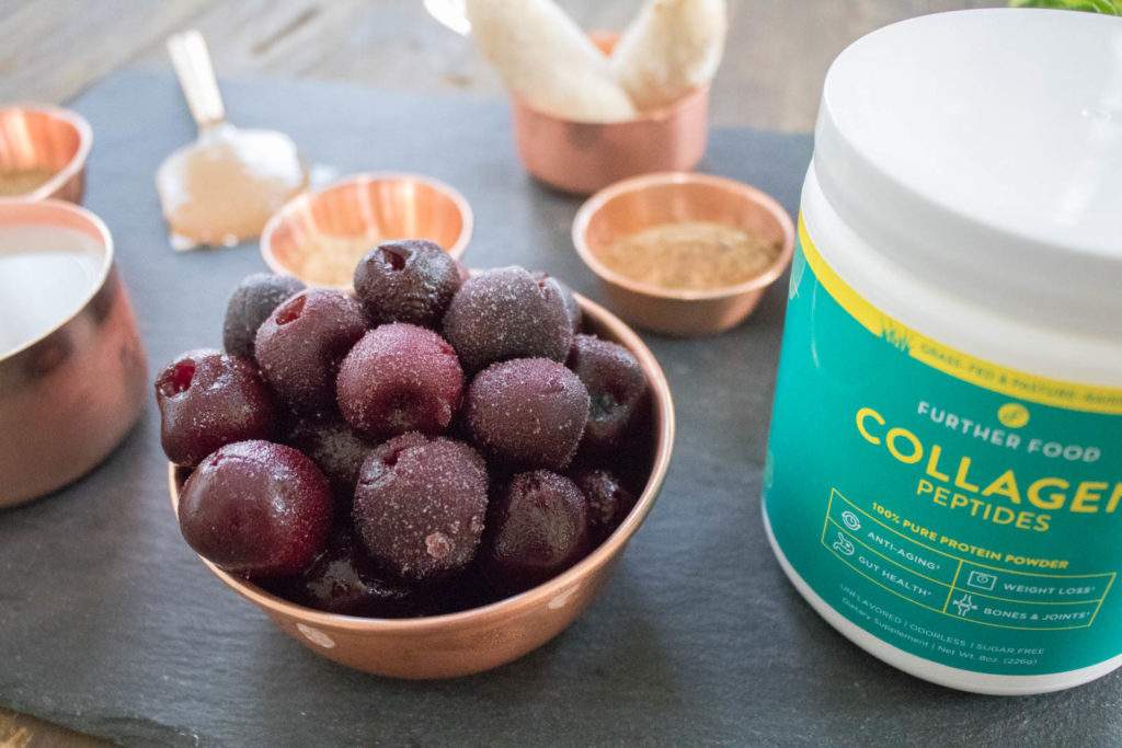 Chocolate Cherry Smoothie, very healthy, easy, filling, and satisfying breakfast, perfect for on the go. Includes protein, fiber, fat, superfoods like maca and cacao and greens according to the #fab4 method that will keep you full and help keep your blood sugar balanced. So healthy!