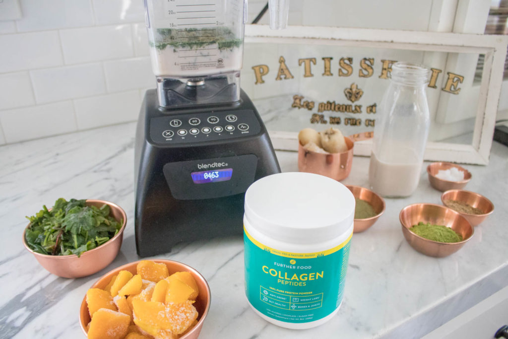 Matcha Mango Smoothie, very healthy, easy, filling, and satisfying breakfast, perfect for on the go. Includes protein, fiber, fat, and greens according to the #fab4 method that will keep you full and help keep your blood sugar balanced. So healthy!