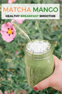 Matcha Mango Smoothie, very healthy, easy, filling, and satisfying breakfast, perfect for on the go. Includes protein, fiber, fat, and greens according to the #fab4 method that will keep you full and help keep your blood sugar balanced. So healthy!