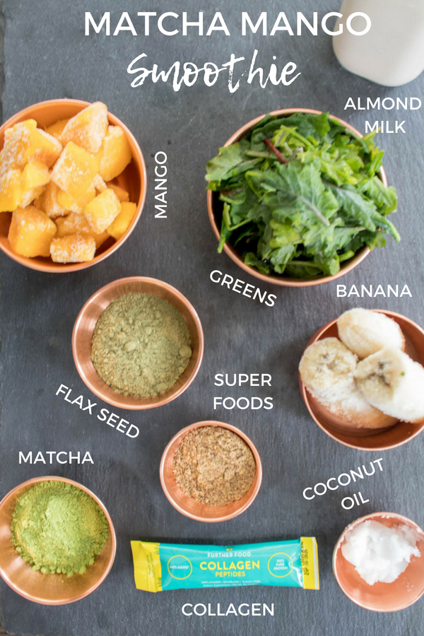 Matcha Mango Smoothie, very healthy, easy, filling, and satisfying breakfast, perfect for on the go. Includes protein, fiber, fat, and greens according to the #fab4 method that will keep you full and help keep your blood sugar balanced. So healthy!