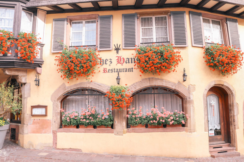 One of the many pretty and charming buildings in the cute town of Colmar, France in the Alsace region. Covered in flowers!
