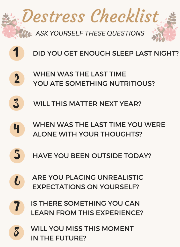 Checklist of self care questions to ask yourself to instantly destress