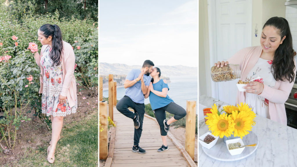 gallery of three photos with girl stopping to smell the roses, couples stretching while they kiss, and girl pouring ingredients to make a smoothie